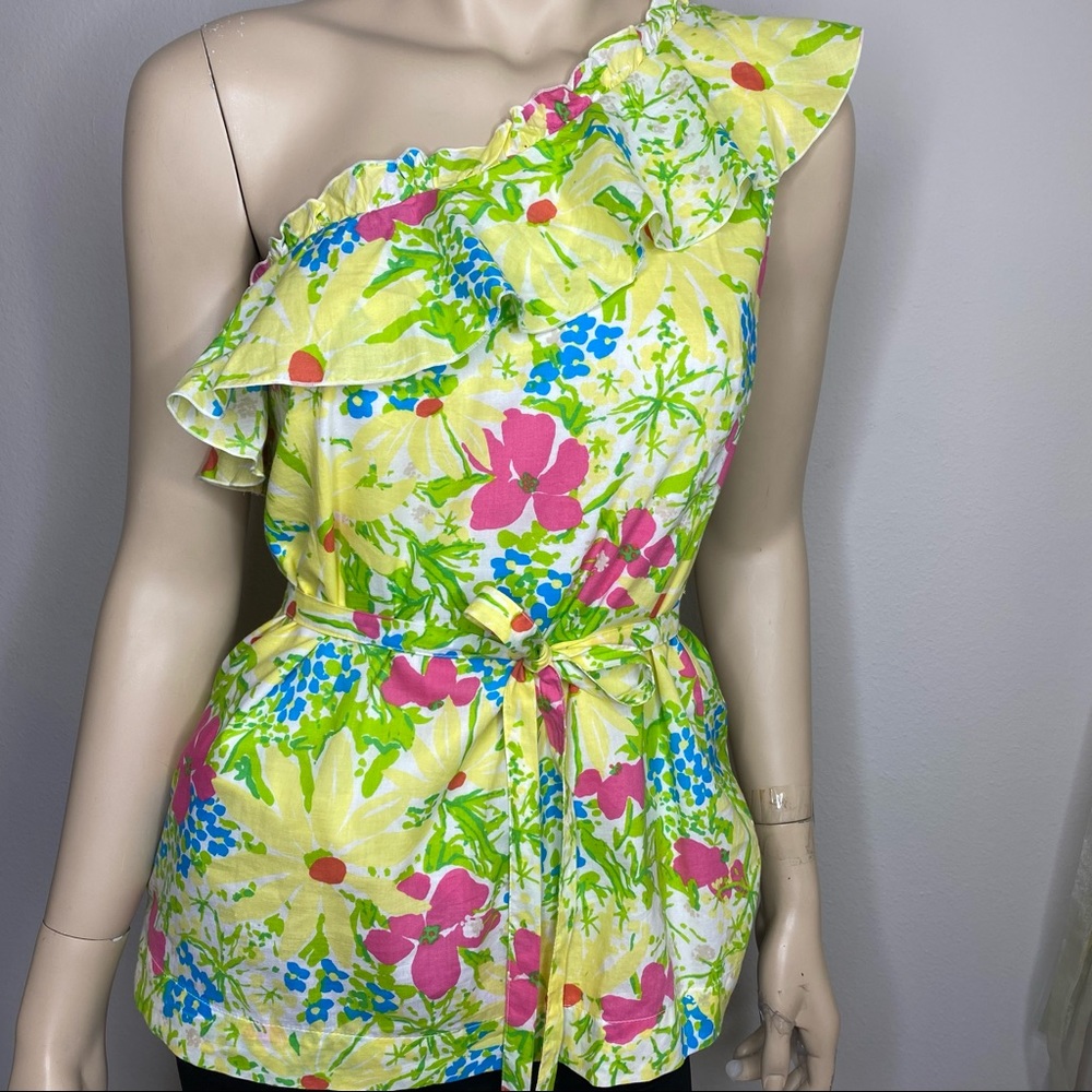 Lilly Pulitzer Janine Blue Eyed One Shoulder Ruffle Top